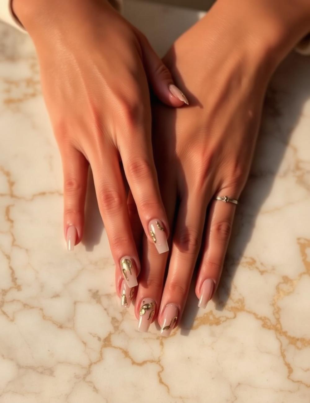 Gold-leaf accent on glossy nude nails